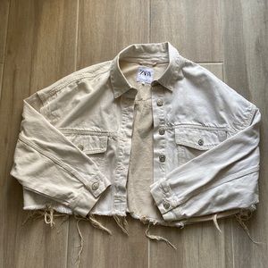 Zara off white cropped and frayed jean jacket